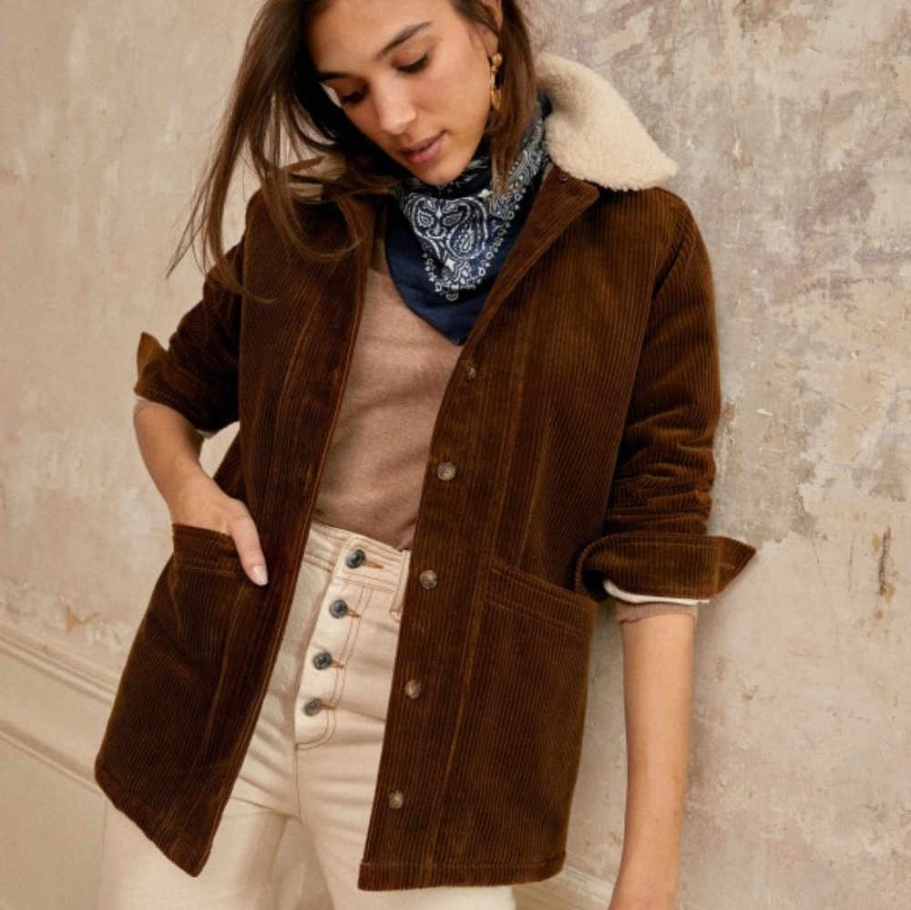 Sezane Will Corduroy Jacket with Cream Shearling Collar